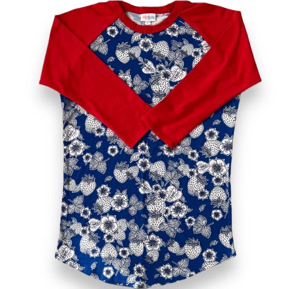 LulaRoe Randy Top in Blue and Red Strawberry Pattern, size XS
